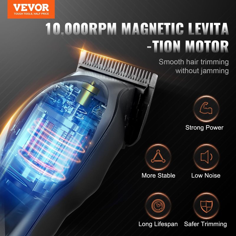 VEVOR Hair Clipper for Men with Magnetic Motor 10000RPM, Cordless Barber Clipper with DLC Fade Blade, Men's Hair Cutting Grooming Kit with 8 Guide Combs for Home Barber, Ideal Gift for Man