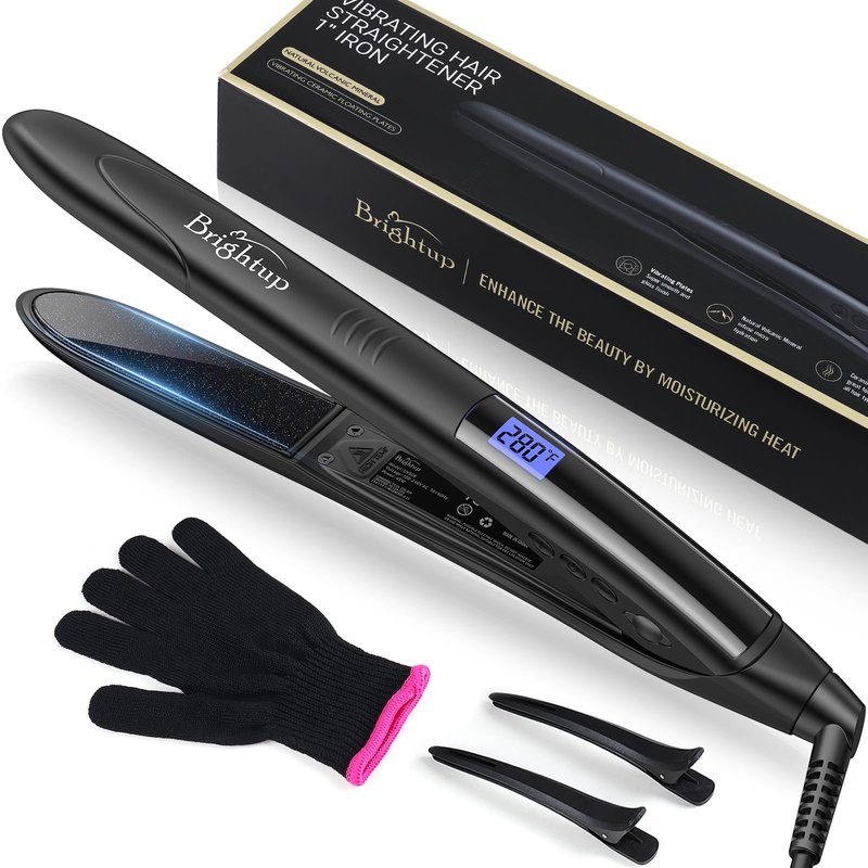 Brightup 2-in-1 Hair Straightener & Curler with 1" Vibrating Plates, Tourmaline Ceramic for Less Frizz & Shiny Smooth Hair, 20S Fast Heating, 10 Temp Settings & Auto Shut Off, Dual Voltage