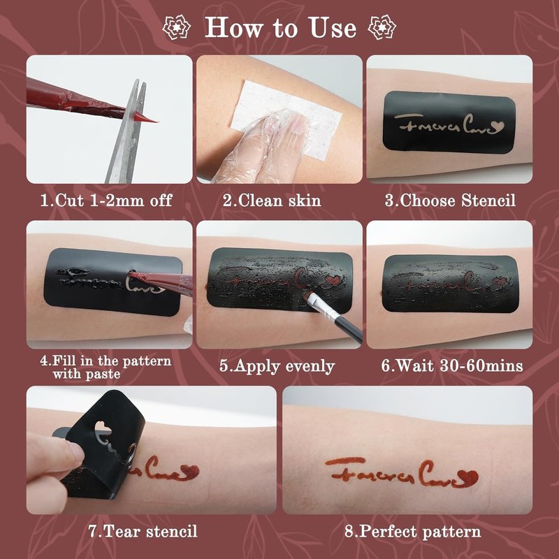 Temporary Tattoo Stencils Kit - 4 Pcs Tattoo Cones in Black, Maroon & Brown | Includes Outline Pen, Cotton Swabs & Brush for Fun Family Parties