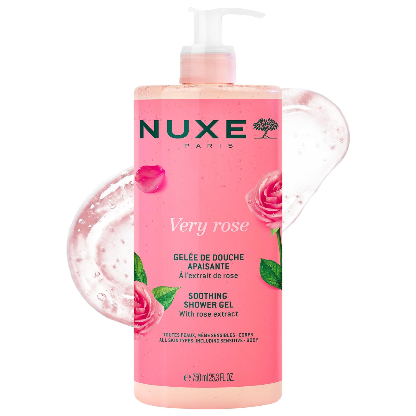Nuxe Very Rose Soothing Shower Gel. Gentle Body Wash for All Skin Types, Delicately Scented with Rose Floral Water, 750 ml