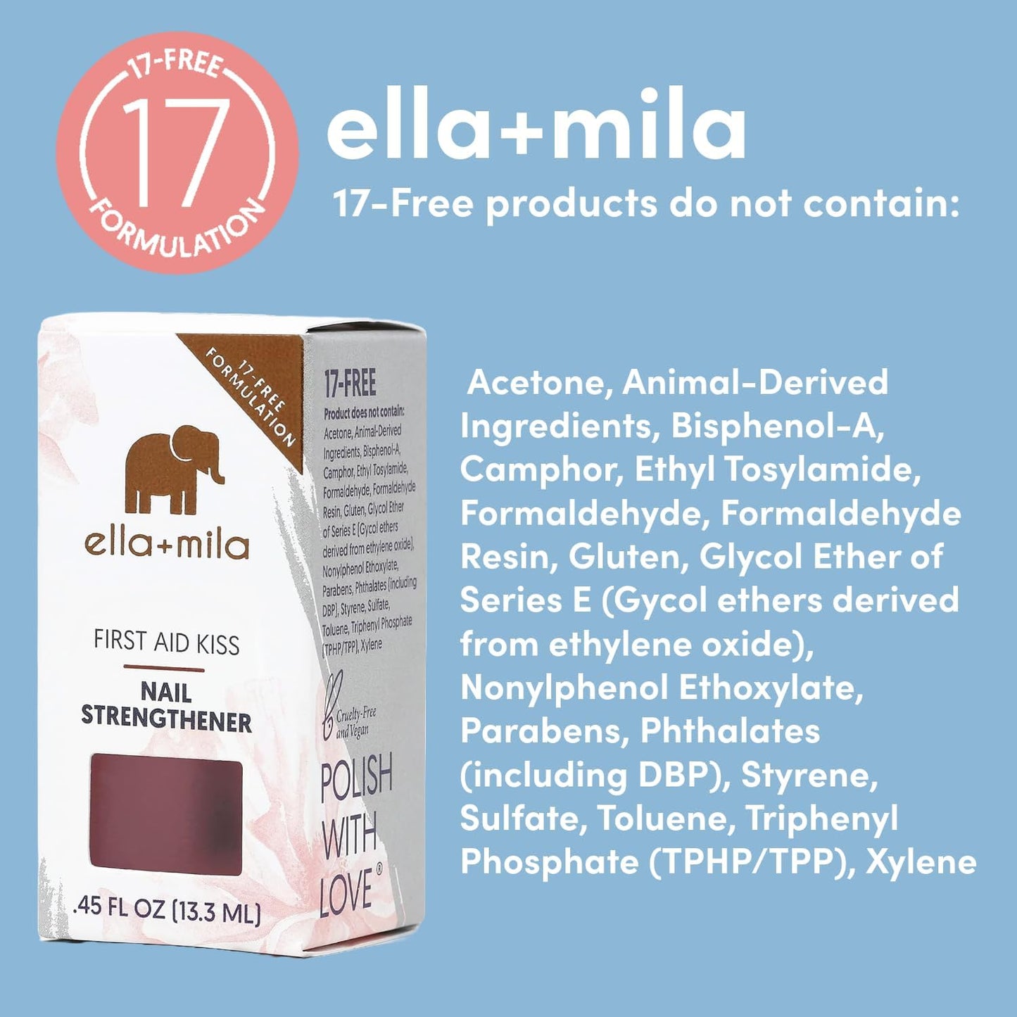 ella+mila Nail Strengthener and Growth Treatment - First Aid Kiss Nail Hardener for Damaged Brittle Thin Nails - Strengthening Polish with Vitamin E - Vegan (2-Pack)