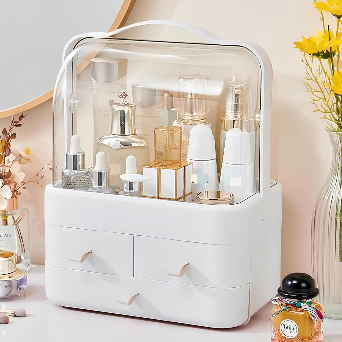 Makeup Organizer and Storage for Vanity with Lid and Drawers, Waterproof and Dustproof Portable Skincare Cosmetics Boxes, Makeup Caddy Holder for Vanity Countertop, Bathroom, Dresser-All White
