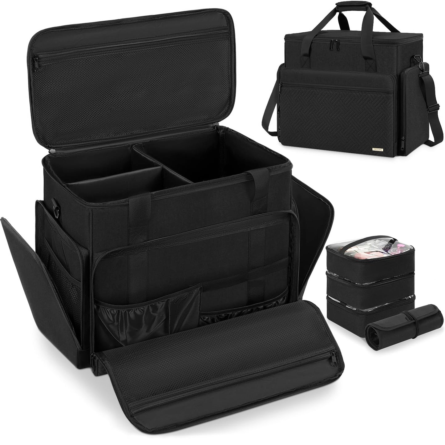 FREEAMG Extra Large Makeup Case with 6 Removable Pouches, Professional Make up Train Case, Travel Cosmetic Bag for Hairstylists Makeup Artist with Shoulder Strap and Handle Polka Dots（Bag only）
