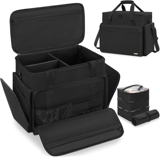 FREEAMG Extra Large Makeup Case with 6 Removable Pouches, Professional Make up Train Case, Travel Cosmetic Bag for Hairstylists Makeup Artist with Shoulder Strap and Handle Polka Dots（Bag only）