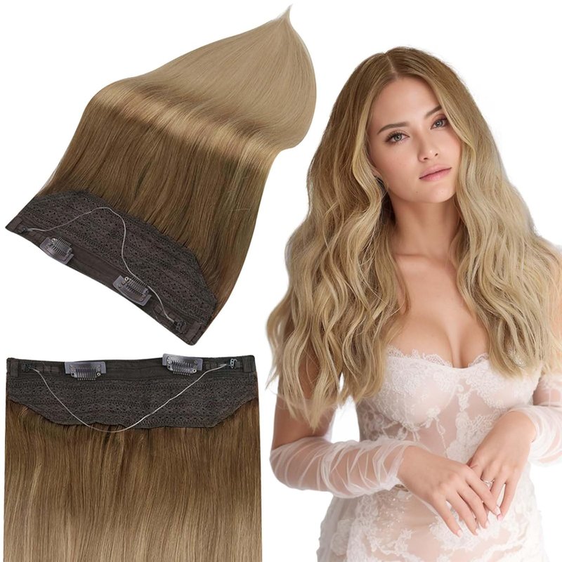 Invisible Wire Hair Extensions - 12 Inch Real Human Hair | Golden Brown to Dirty Blonde, 70g Fishing Line Secret Hairpiece