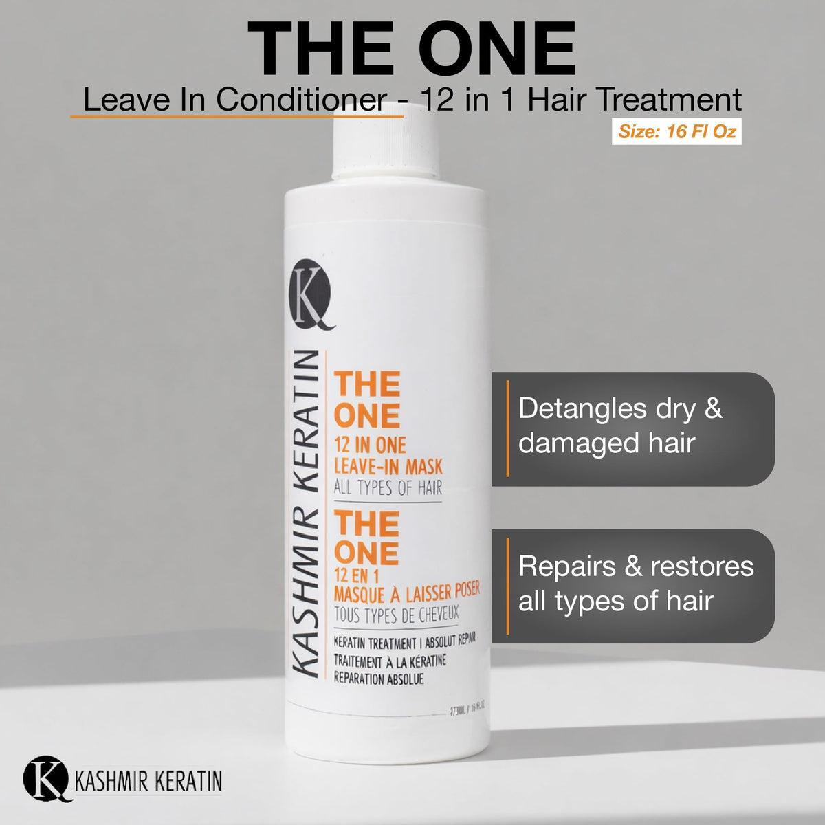 Kashmir Keratin THE ONE Leave In Conditioner 12-in-1 Hair Treatment Spray (16 Fl Oz) Detangles, Smooths Frizz, Adds Shine & Hydration for Dry Damaged Hair, Lightweight Keratin Care for All Hair Types