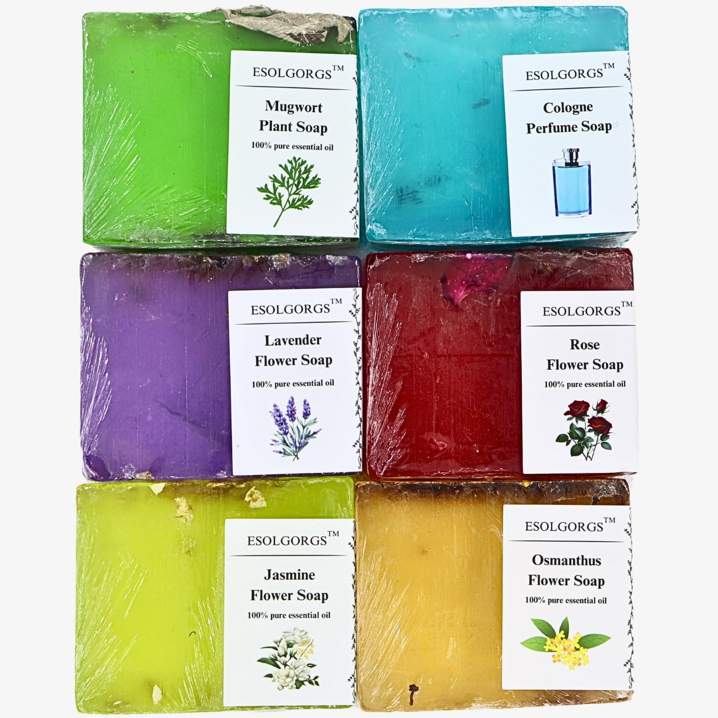 ESOLGORGS Bar Soap Made from Natural Oils 36oz,Plant Based Gift Set, With Premium Essential Oils, Dry Skin, Pack of 6(Rose, Lavender, Jasmine, Osmanthus, Mugwort, Cologne)