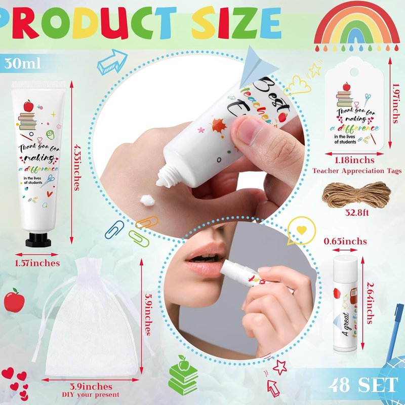 Teacher Appreciation Gifts - 48 Set Lip Balm & Hand Cream with Cards | Travel Size Moisturizing Lotion