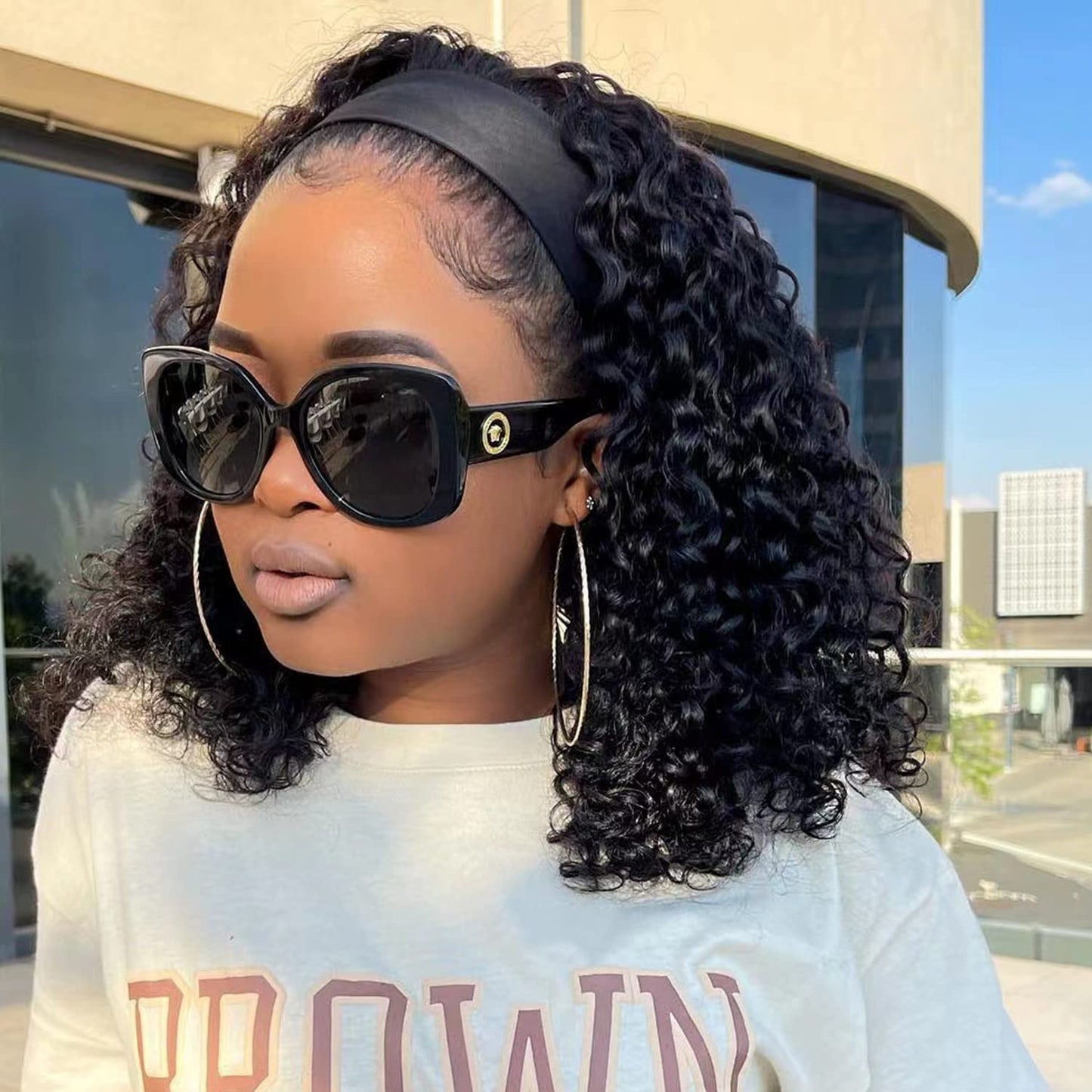 Punmasa Headband Wig Human Hair Deep Wave 150% Density None Lace Front Wig Human Hair Machine Made Wigs 14 inches Headband Curly Human Hair Wigs for Women Natural Color Half wigs
