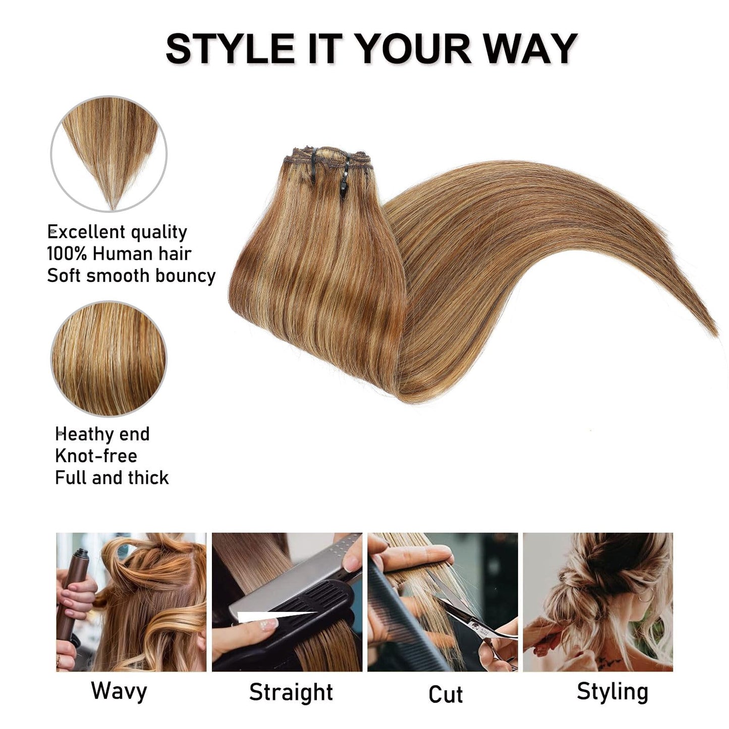 Clip in Hair Extensions Real Human Hair Chocolate Brown to Caramel Blonde 14 inch 7pcs 70g/Pack, Human Hair Clip in Extensions, Salon-Grade Quality, Easy Comfort Wear for Women (#P4/27, 14 inch)