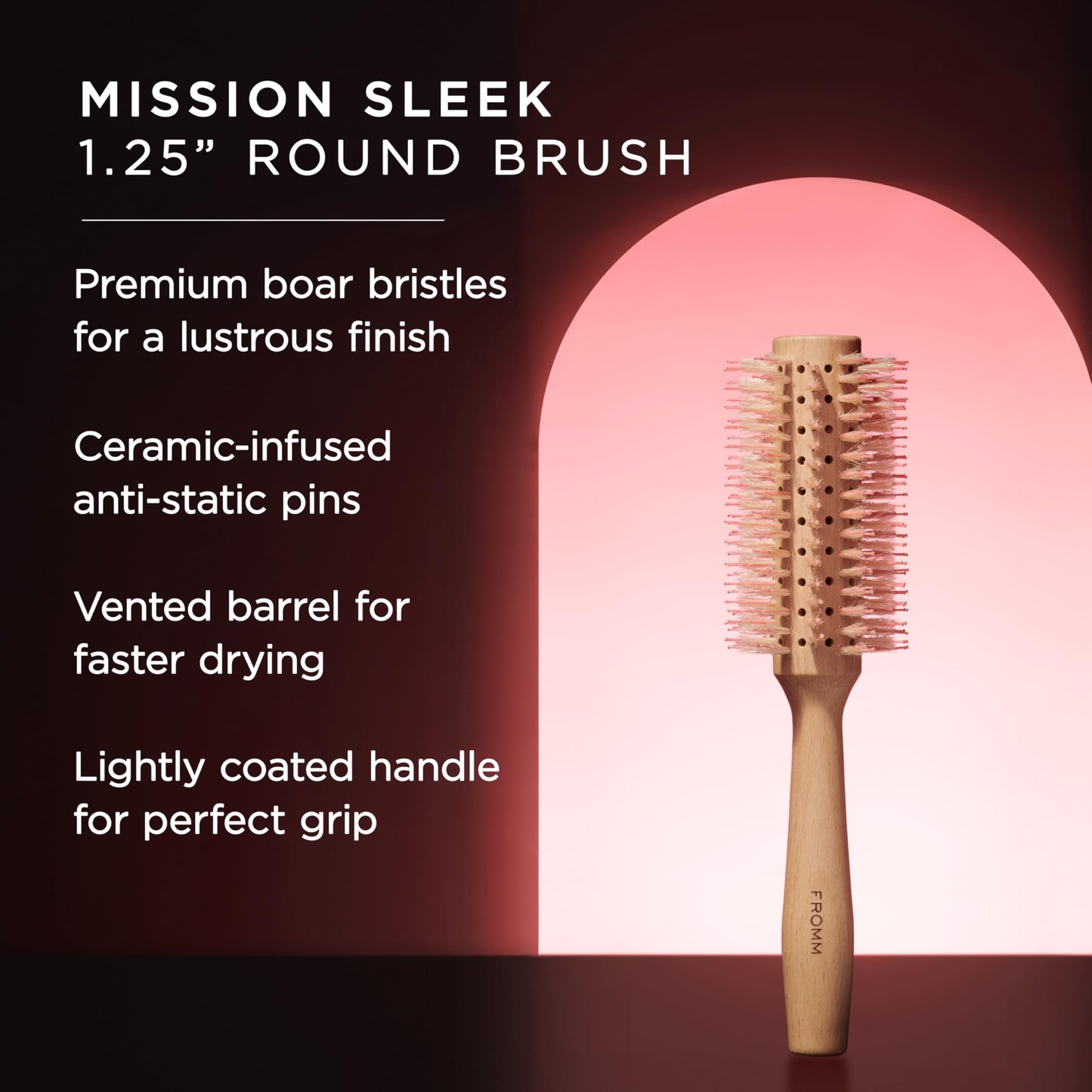 Fromm Mission Sleek 1.25" Vented Round Boar Brush for Smooth, Lustrous Blowouts Even on Frizz-Prone Hair Wooden Hairbrush with Natural Boar for Anti-static Styling, Smoothing, Straightening and Shine