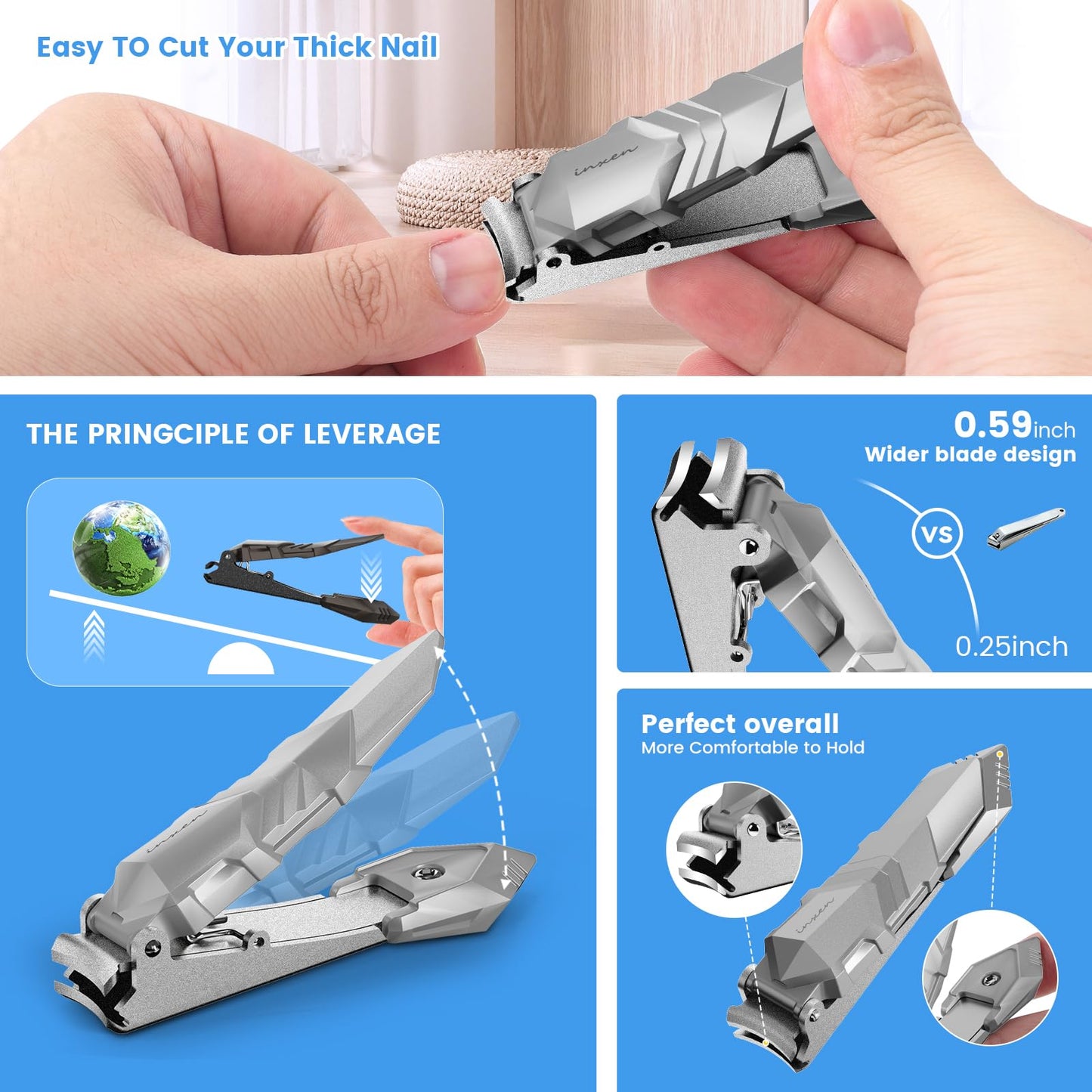 Toenail Clippers for Thick Nails for Seniors| INXEN Ergonomic Heavy Duty Angled Head Nail Clippers with Catcher | Premium Steel Wide Opening Fingernail Clippers Nail Cutter for Men & Women
