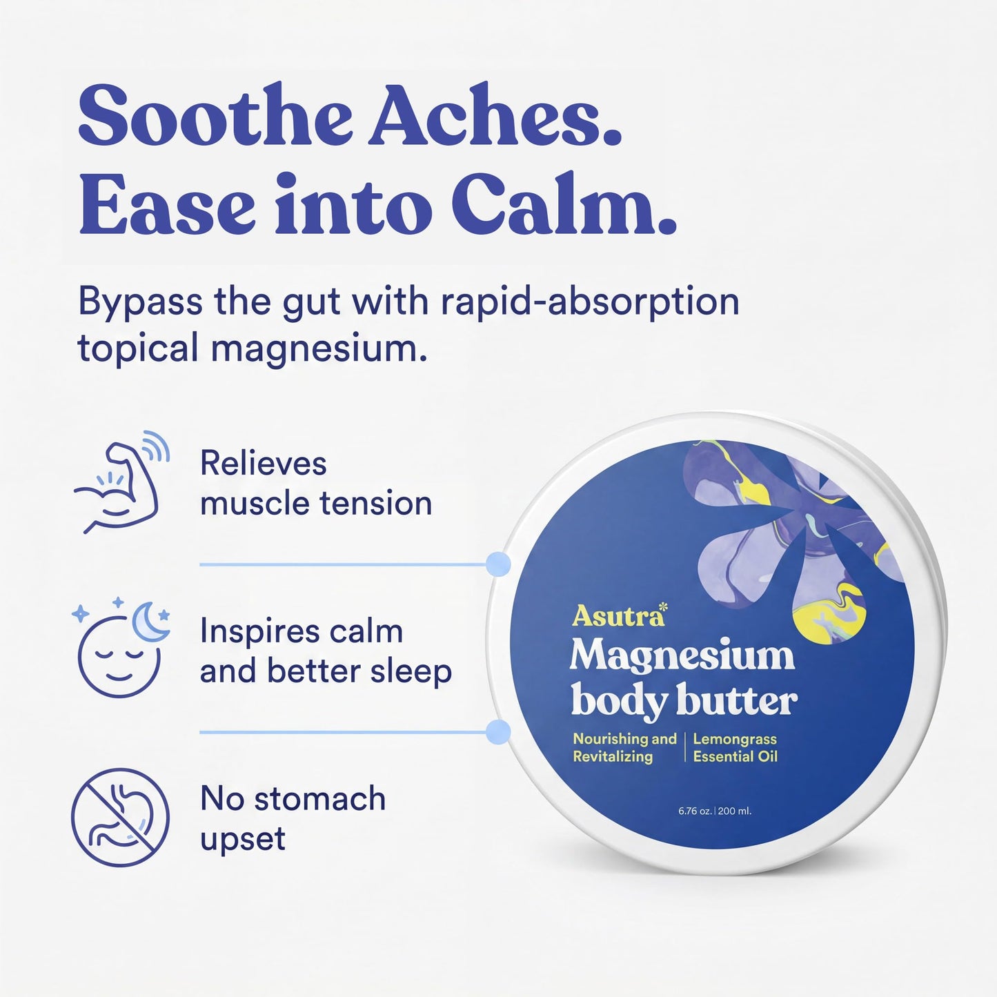 ASUTRA Magnesium Body Butter Lotion, 6.76 oz, Soothing Shea Butter & Almond Oil Moisturizer, Premium-Quality Magnesium, Lemongrass Essential Oil