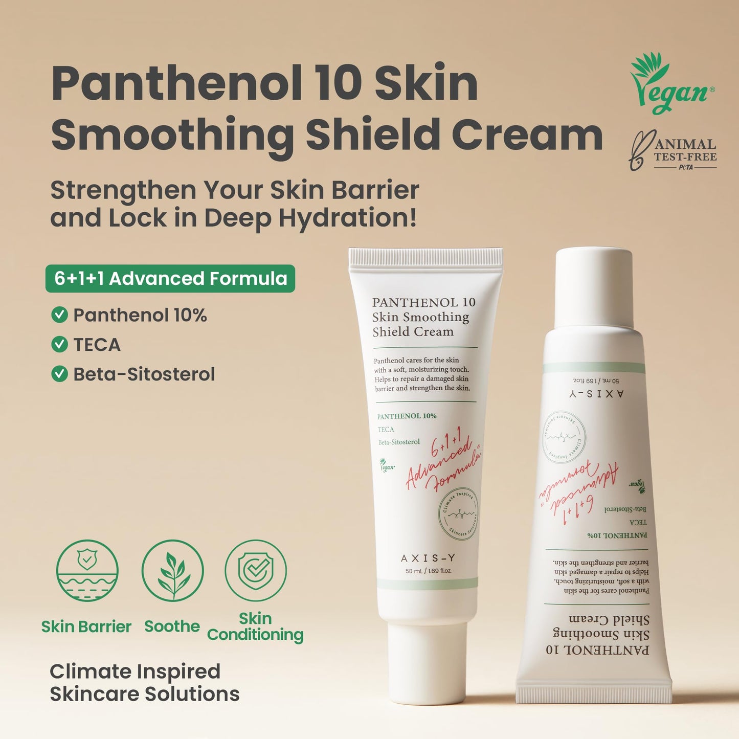 AXIS-Y Panthenol 10 Skin Smoothing Shield Cream - Daily Facial Moisturizer Barrier Cream for Long Lasting Hydration & Soothing - Vegan Korean Skin Care Face Lotion (1.69 fl. oz.)
