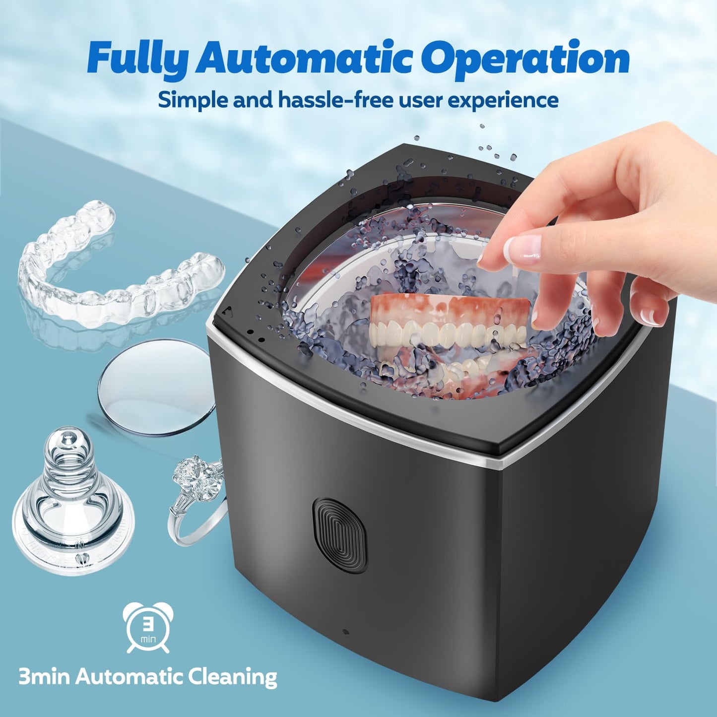 U-V Ultrasonic Dental Cleaner;UltraSonic Retainer Cleaner Machine for Denture,Aligner,Whitening tray,200ml Portable Mouth Guard Cleaner, Invisalign Cleaner Pod,Professional Sonic Jewelry Cleaner black