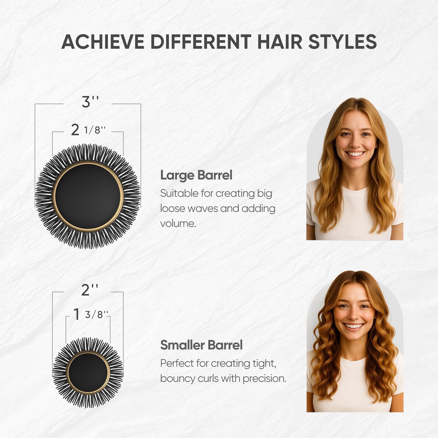 Ellen Evyse 2 in 1 Ceramic Round Brush for Blow Drying,Ceramic Barrel for Hair Styling, Polished Bristles, Enhance Texture Volume, for Women & Men,with 4 Hair Clips (2.1 Inch&1.3 Inch)