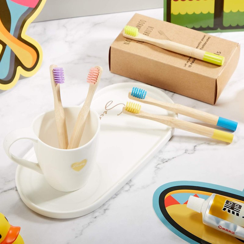 Kids Bamboo Toothbrush Set - 10 Natural Soft Bristle Wooden Brushes for Toddlers & Adults | BPA-Free, Eco-Friendly Travel Size