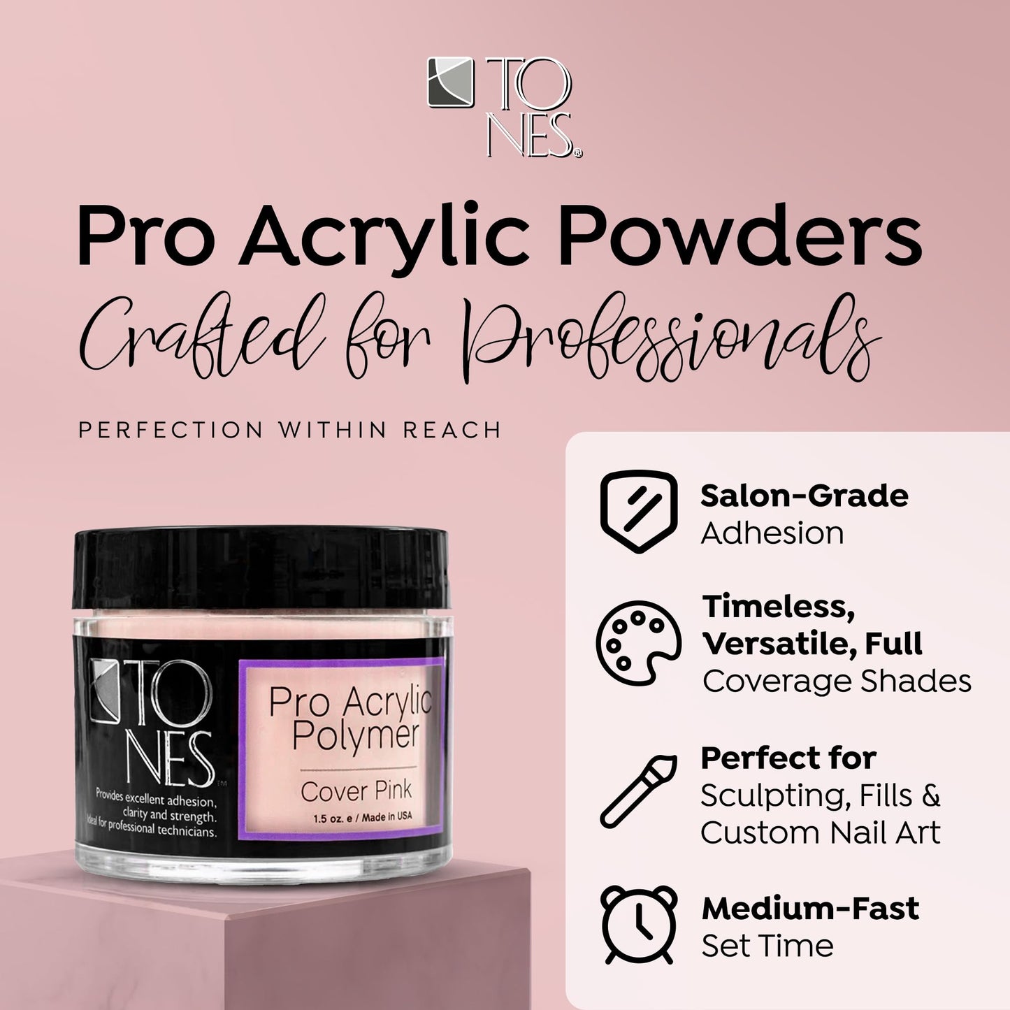 TONES Cover Acrylic Nail Powder – Cover Pink (Soft Nude Pink) | Non-Yellowing Salon-Quality Polymer for Extensions & 3D Art | MMA-Free | Made in USA (1.5 oz)