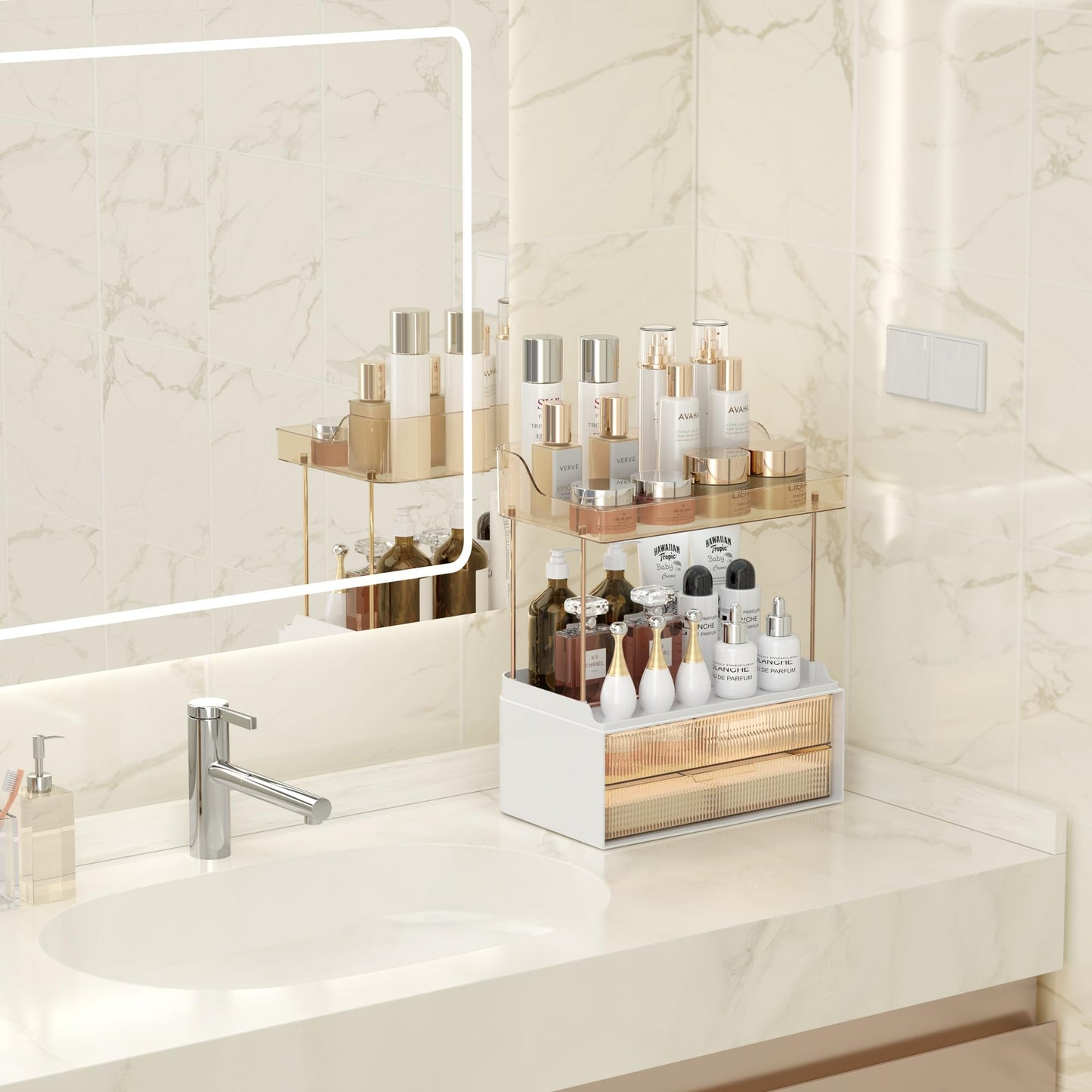 DOADW Bathroom Countertop Organizer with 2-Drawer, 3 Tier Makeup Organizer for Vanity, Large Multi-Purpose Makeup Skin Care Organizer for Vanity, Clear