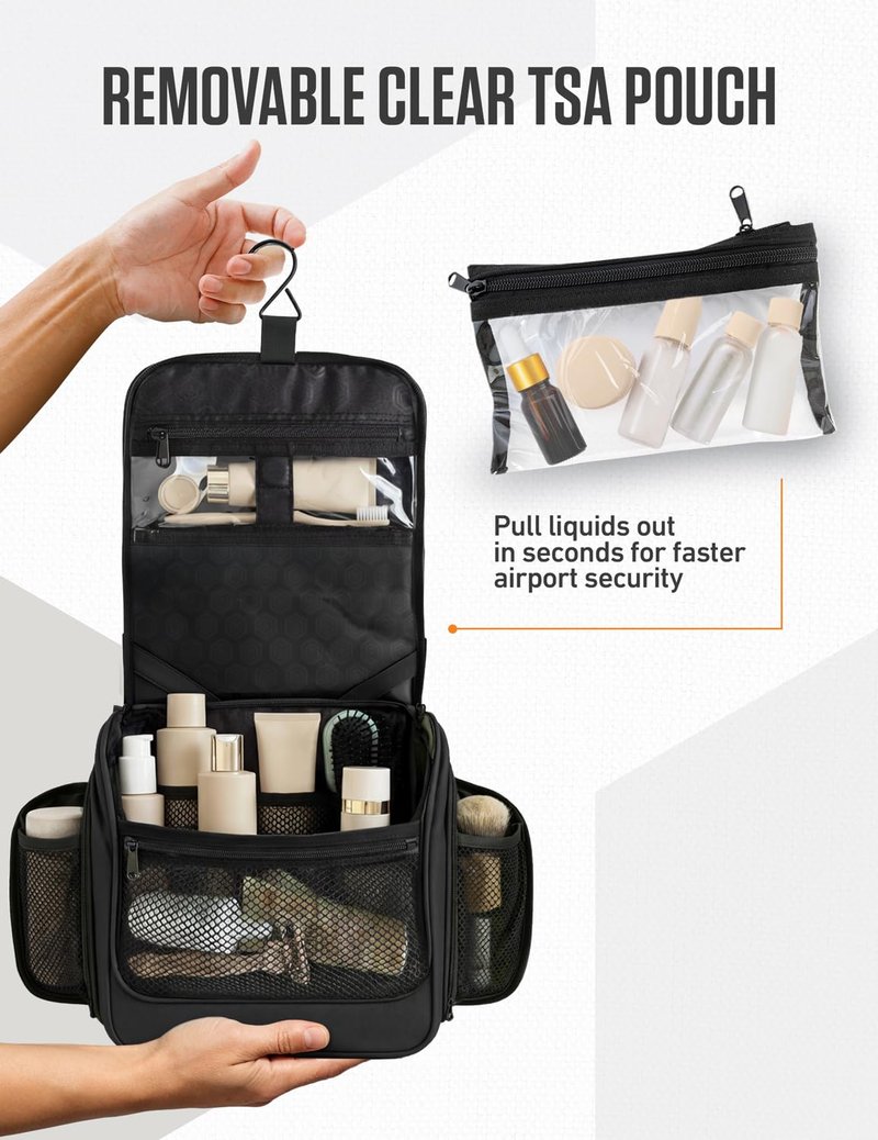 VENTURE 4TH Hanging Travel Toiletry Bag for Women & Men – Large Toiletry Organizer with 18 Compartments, Removable TSA Pouch, Travel Wash Bag for Toiletries, Makeup & Shaving Kit (Black)