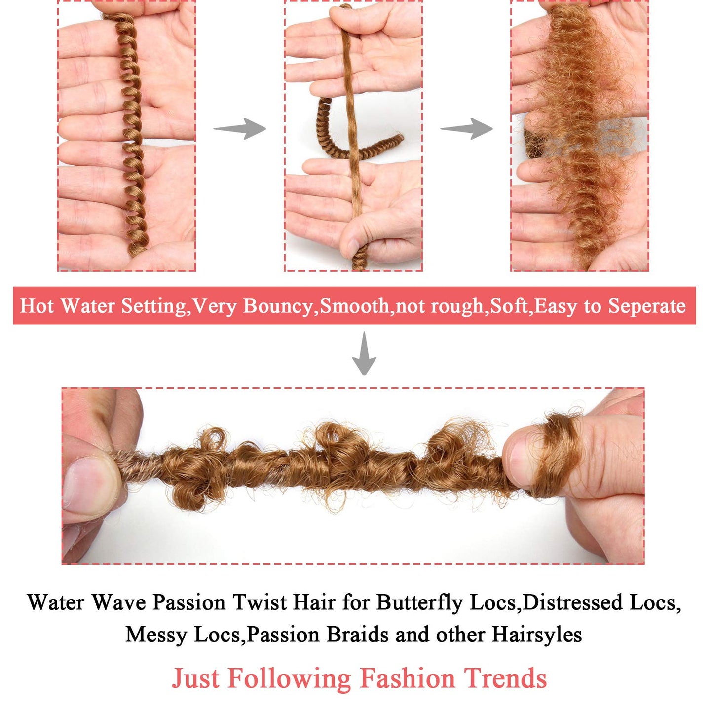 Leeven 7 Packs 24 Inch Copper Red Passion Twist Hair for Butterfly Locs Long Bohemian 350# Water Wave Passion Twists Crochet Braiding Hair 18 Strands/Pack Hot Water Setting Synthetic Braids Hair