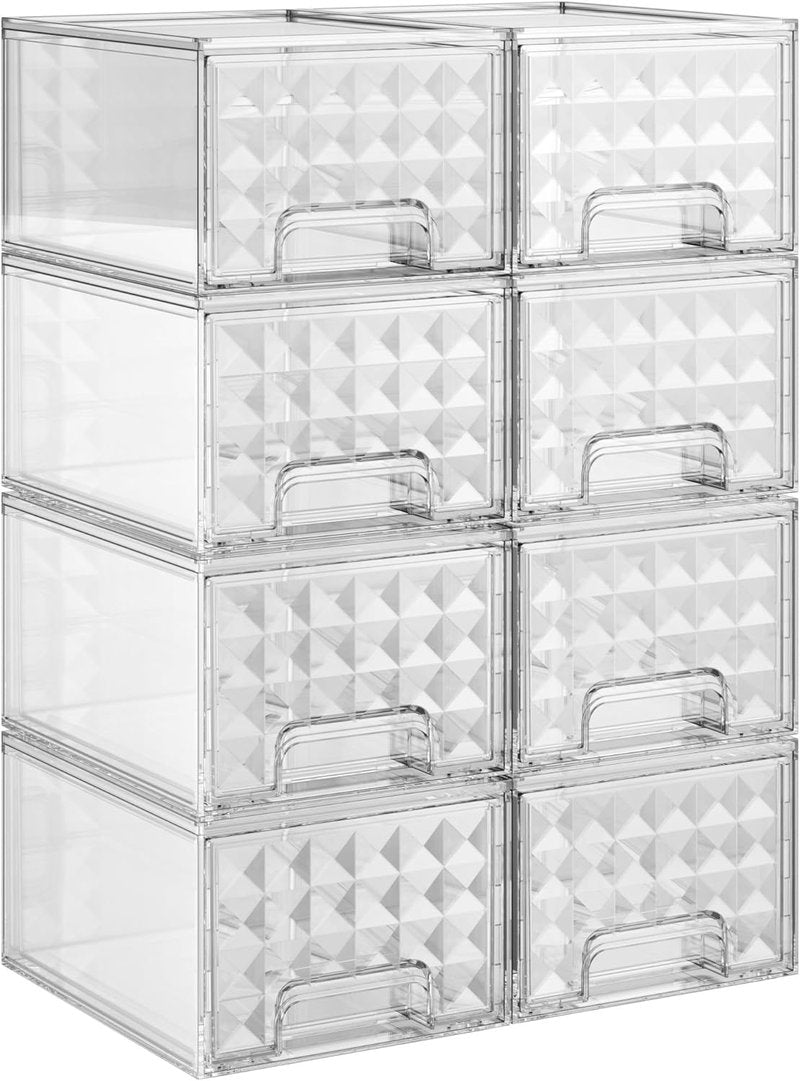 Delamu Stackable Storage Drawers - Clear Makeup & Skincare Organizer | 8 Pack for Vanity, Desk, Kitchen, Pantry