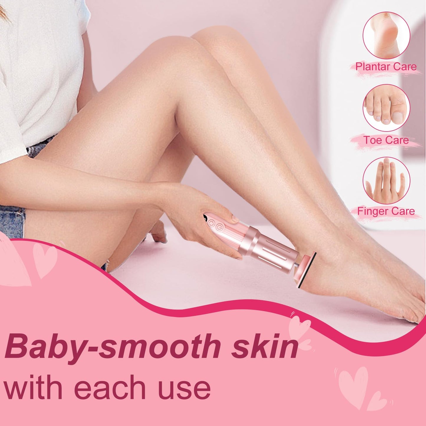 JINYAWA Electric Foot Callus Remover - 2-in-1 Rechargeable Cordless Foot File with LCD Display & 6 Speeds - Professional Foot Sander for Dead Skin, Thick Nails, Heels and Soles (Pink)
