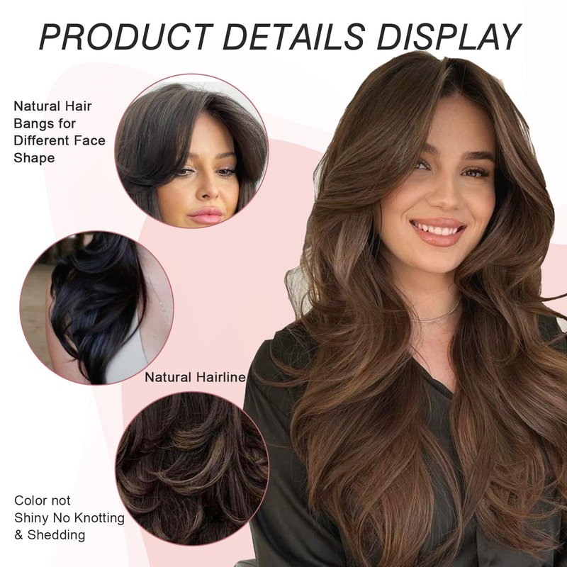 Aisaide Long Wavy Highlight Brown Layered Wig with Curtain Bangs for Black Women Synthetic Ombre Brown Layered Wig Long Wavy Highlight Blonde Shaggy for Women 24 inch