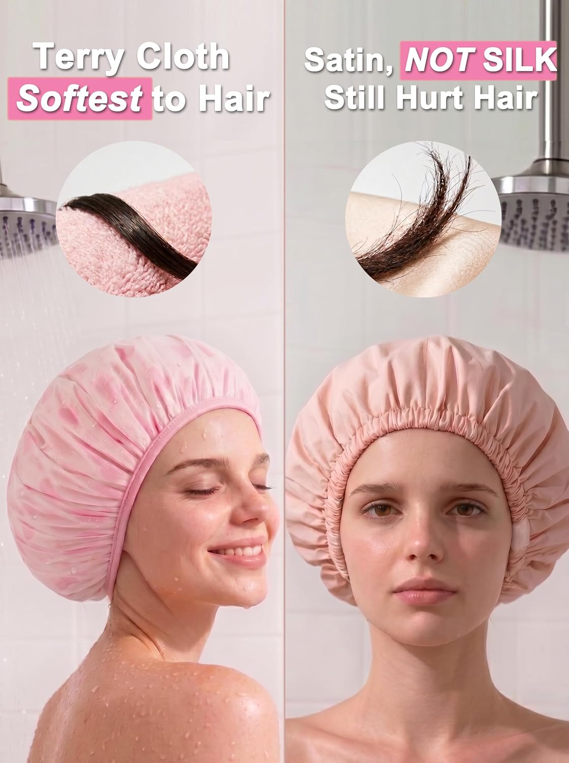 Auban Shower Cap - Reusable Waterproof Terry Cloth Lined Bath Cap | Large Size - Pink