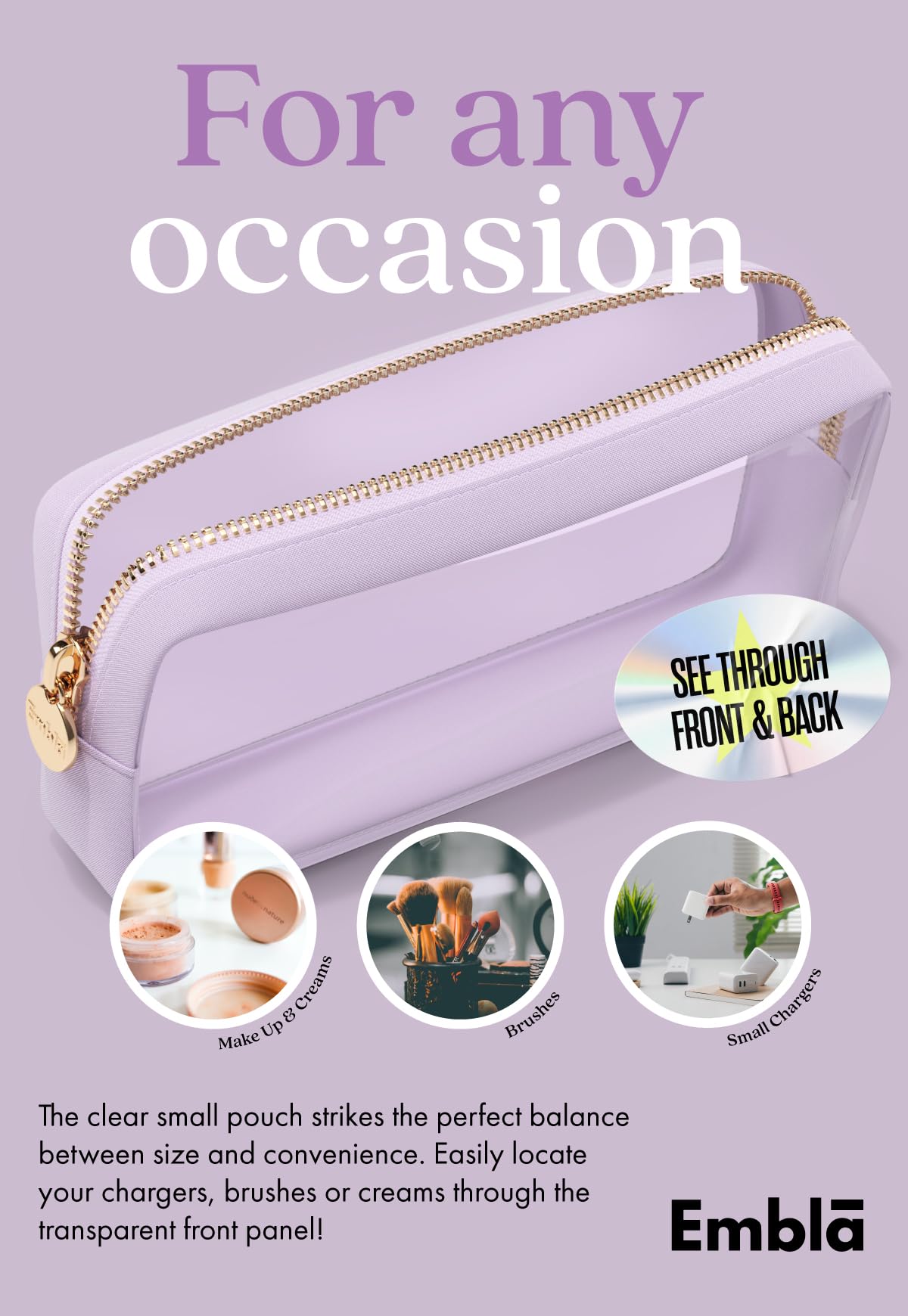 Clear Makeup Bag Zipper Pouch, Transparent Cosmetic Case Organizer, TSA Approved Travel Toiletry Case, Travel Accessories Essentials Makeup Tote for Women, Small Cute Make up Bag for Purse - Lilac