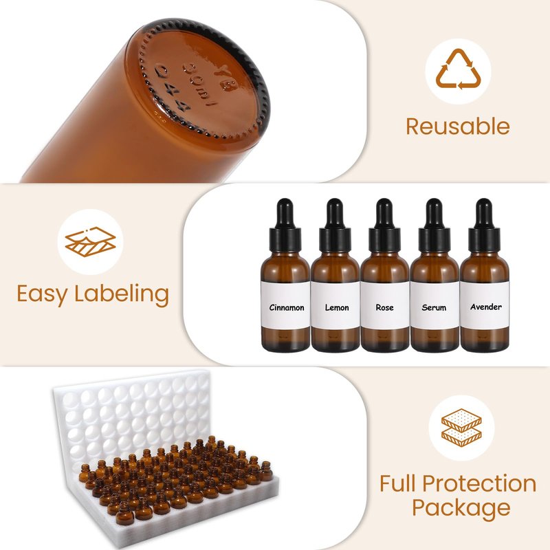 UPBUD 50 Pack 1oz Amber Glass Dropper Bottles Leakproof with Funnels, Eye Droppers, Extra Caps, Labels - Refillable UV 30ml Empty Bottles for Tinctures, Essential Oils, Perfume, Beard, Hair Oil