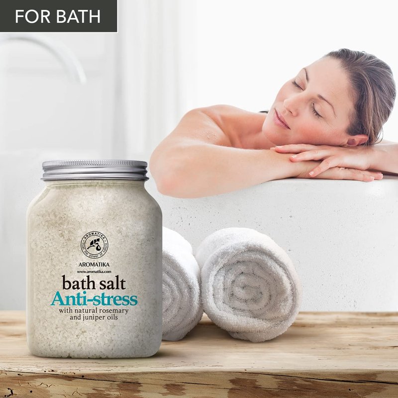 De-Stress Bath Salt 46 Oz - 100% Natural & Pure Salt Essential Oils Rosemary & Juniper - Best for Good Sleep - Relaxing - Calming - Body Care - Beauty - Aromatherapy - Stress Relief