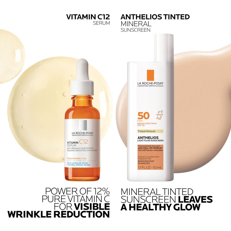 Bundle of La Roche-Posay Pure Vitamin C Serum For Face, Boost Radiance & Reduce Wrinkles, + La Roche-Posay Anthelios Tinted Sunscreen SPF 40+, Broad Spectrum SPF, Zinc Oxide Sunscreen