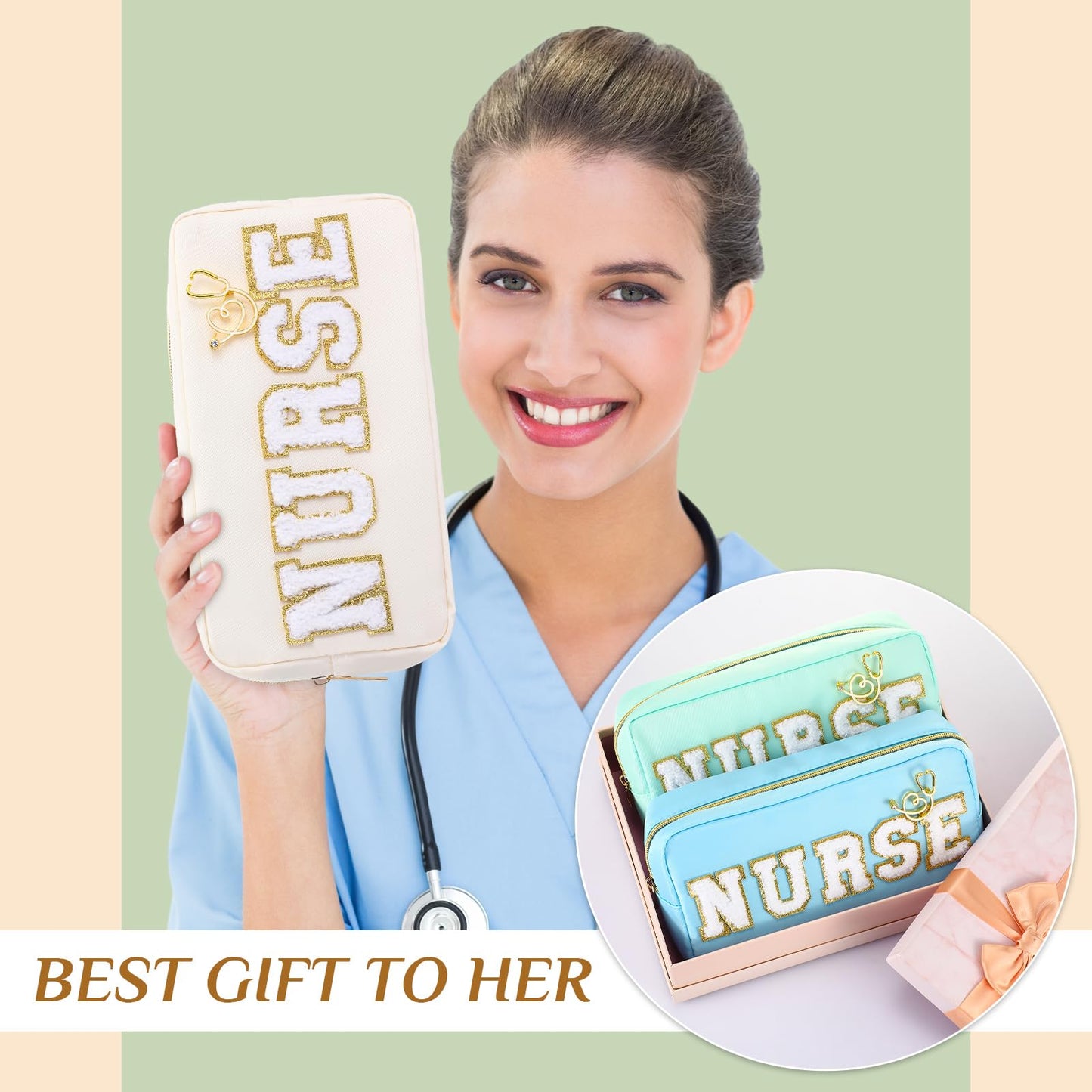 Kacctyen 6 Pcs Nurse Bags Bulk Nurses Week Appreciation Gifts Chenille Letter Makeup Bags Nurses Graduation Retirement Pouch with Gold Stethoscope Pin for Women Work Supplies