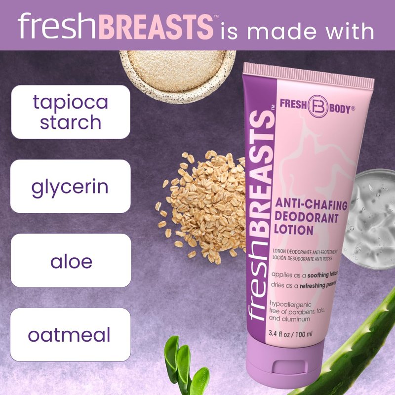 Fresh BREASTS Cream Anti Chafing Deodorant Lotion to Powder, 3.4oz (3 Pack) Anti Chafe Whole Body Deodorant for Women, Inner Thighs & Areas that Sweat - No Talc, Aluminum or Fragrance