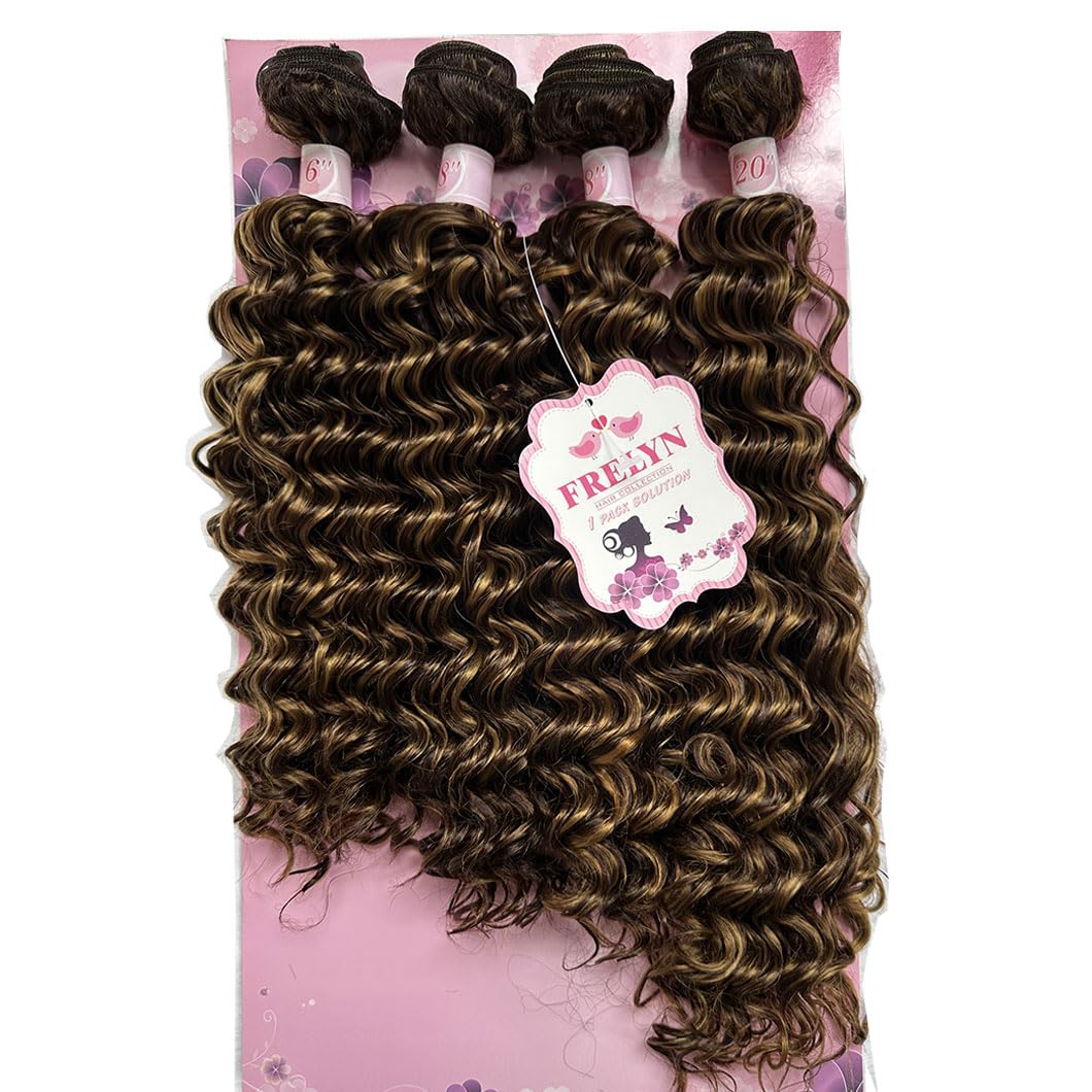 FRELYN Deep Wave Bundles Synthetic Curly Hair Quick Weave Brown and Honey Blonde Highlight Ombre Colored Hair 16 18 20 Inches 4 Bundles in 1 Pack