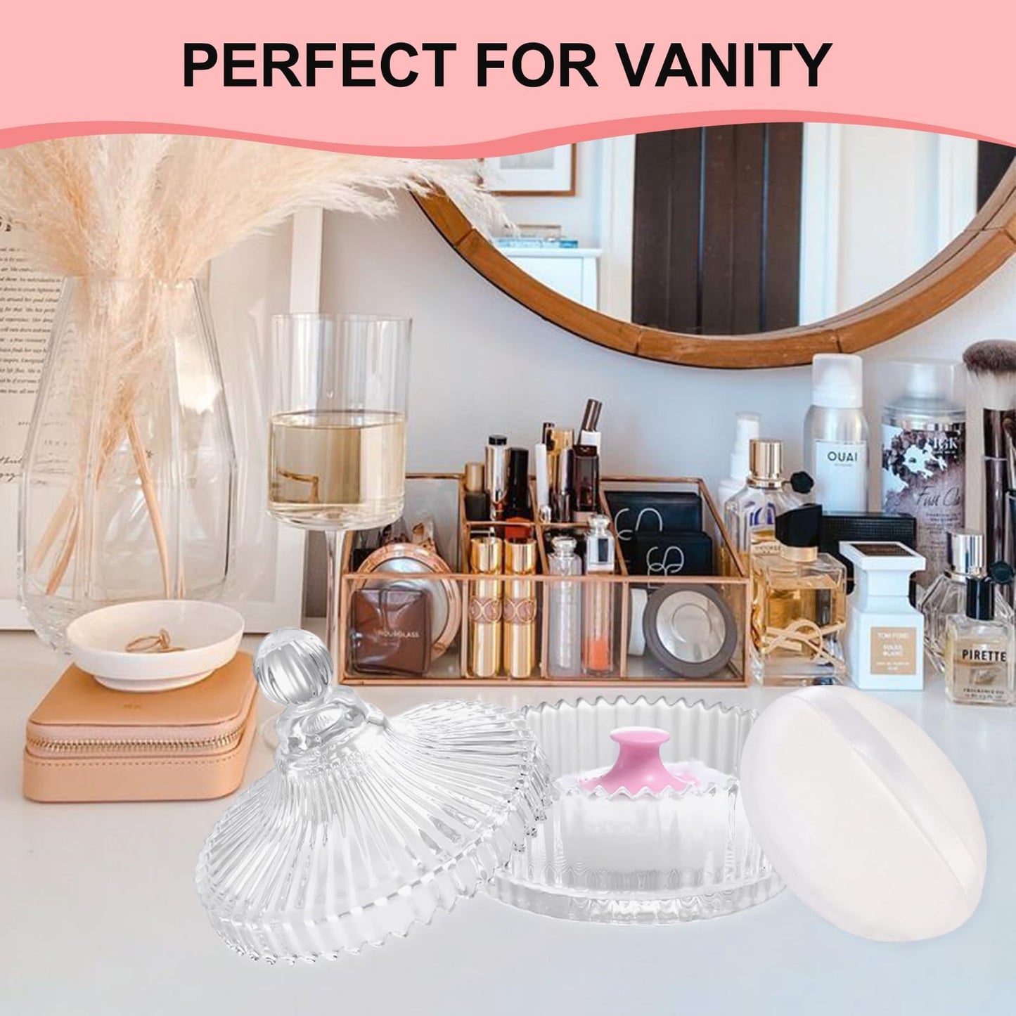 LAKIRA Large Body Powder Puff and Container, 2 Large Powder Puffs, Crystal Powder Container with 3.93" Puff for Baby Women, Dusting Powder Container with Puffs for Women, Bath, Home Use (4″ Pure)