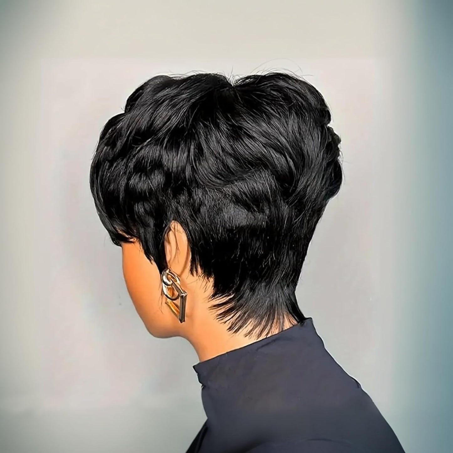 Black Pixie Human Hair Wig for Women - Soft Glueless Layered Style with Bangs | Short Length