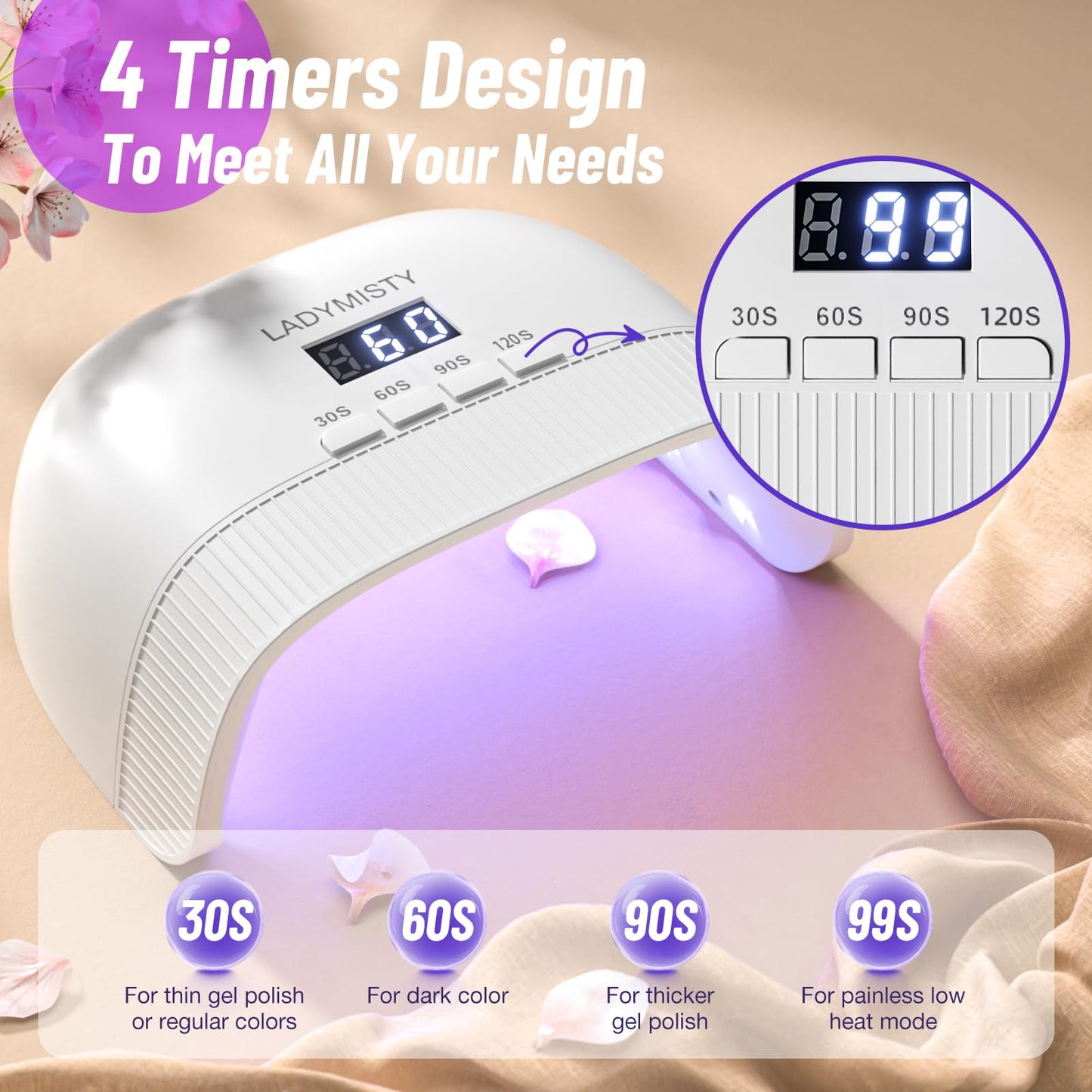 LadyMisty UV Nail Lamp - Fast Drying, UV Light for Gel Nails with 30 Dual Lamp Beads, 4 Timer, LCD Display, Energy Efficient LED Nail Light for Home & Salon (White)