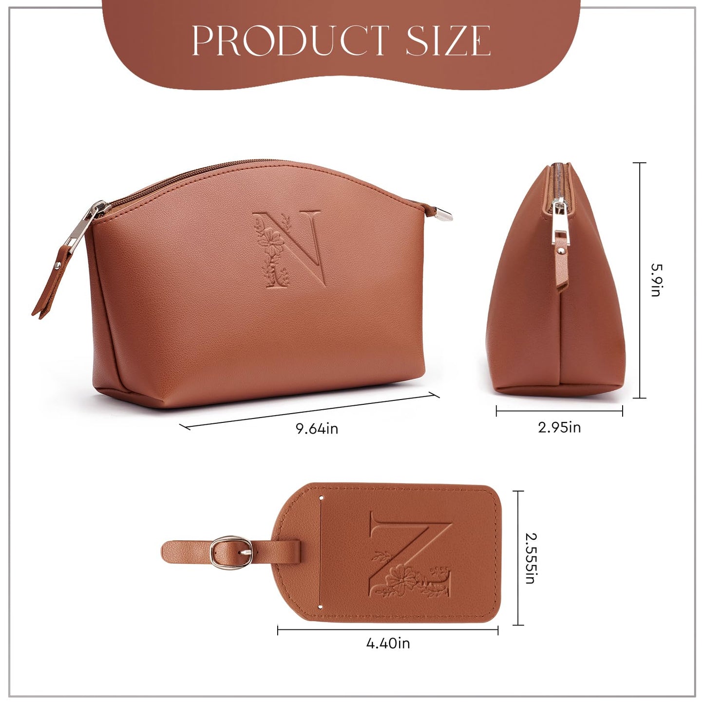 AW BRIDAL Makeup Bags for Women Travel Toiletry Bag with Luggage Tag, Makeup Pouch Cosmetic Pouch Skincare Bag Mother's Day Gift Wedding Gifts Birthday Gifts for Women, Letter N, brown