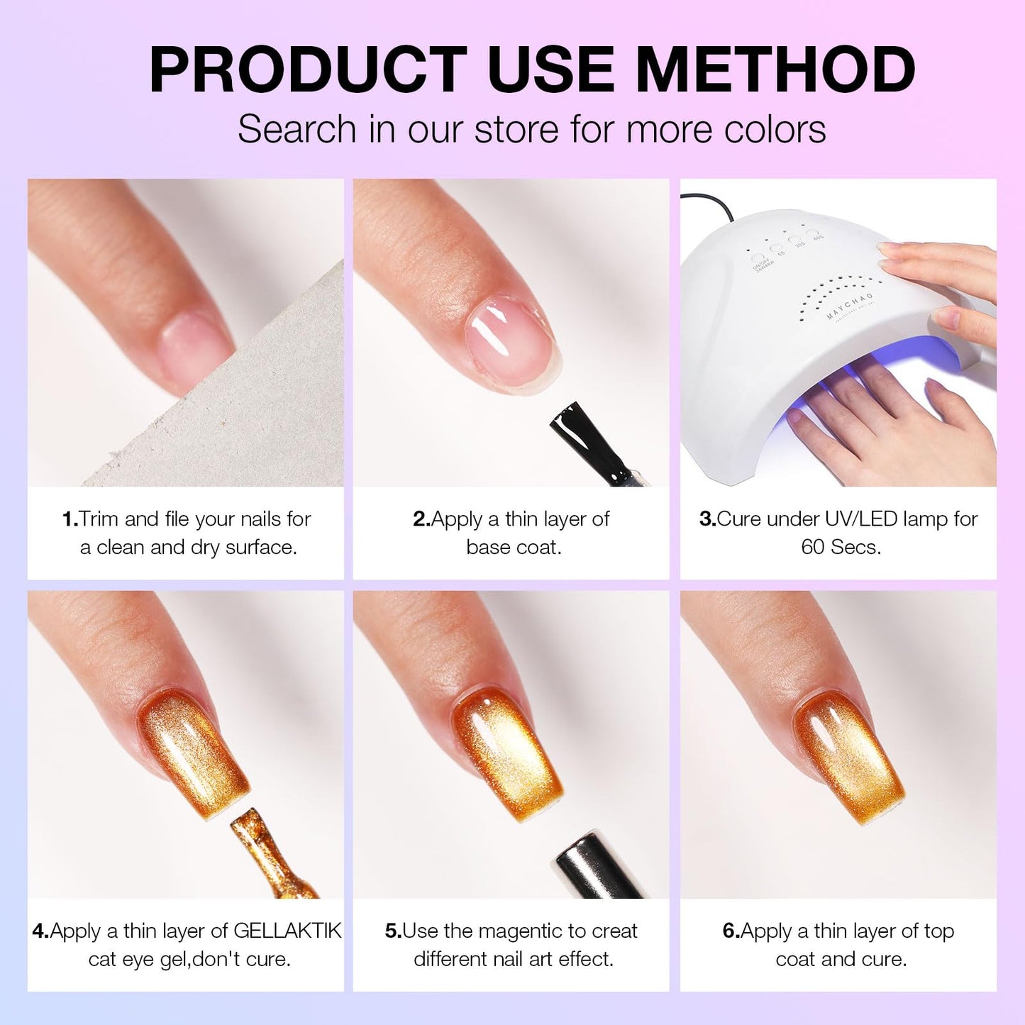 GELLAKTIK Glitter Cat Eye Gel Nail Polish Set 6 Colors 12ML w/Magnet Stick