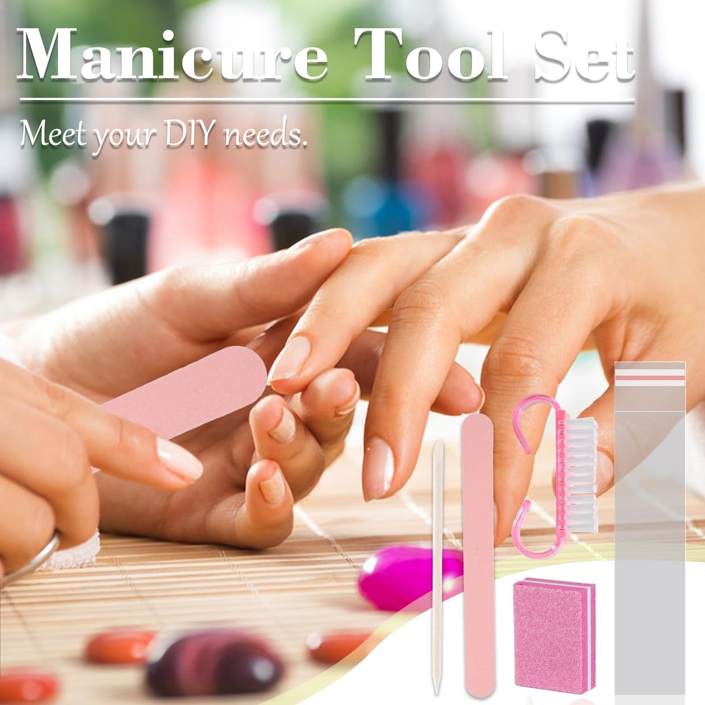 Disposable Manicure Packaging Kit Press On Nail Tool Kit (Pink, 100 Set)