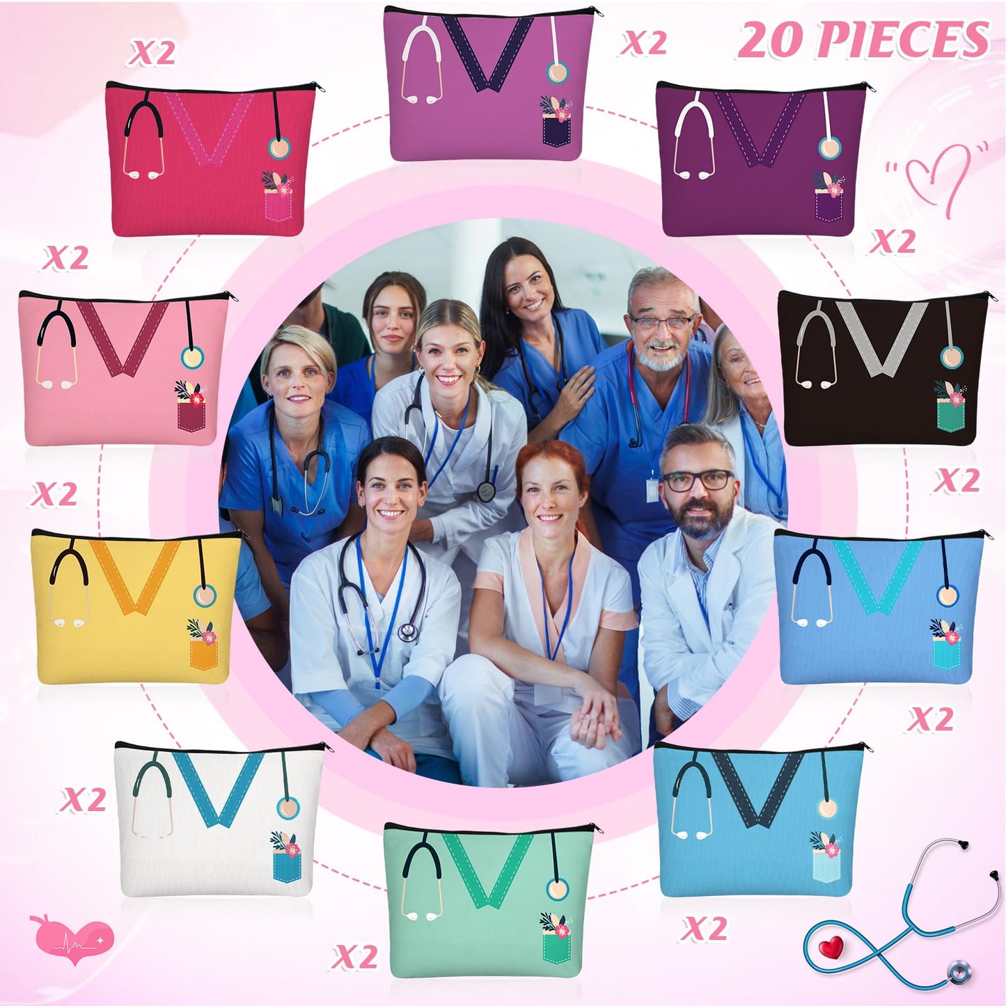 Sabary 20 Pcs Nurse Makeup Canvas Bags Bulk Nurse Appreciation Gifts Nursing Thank You Cosmetic Bag with Zipper Travel Work Accessories Pouch for Nurses Week Party Favors