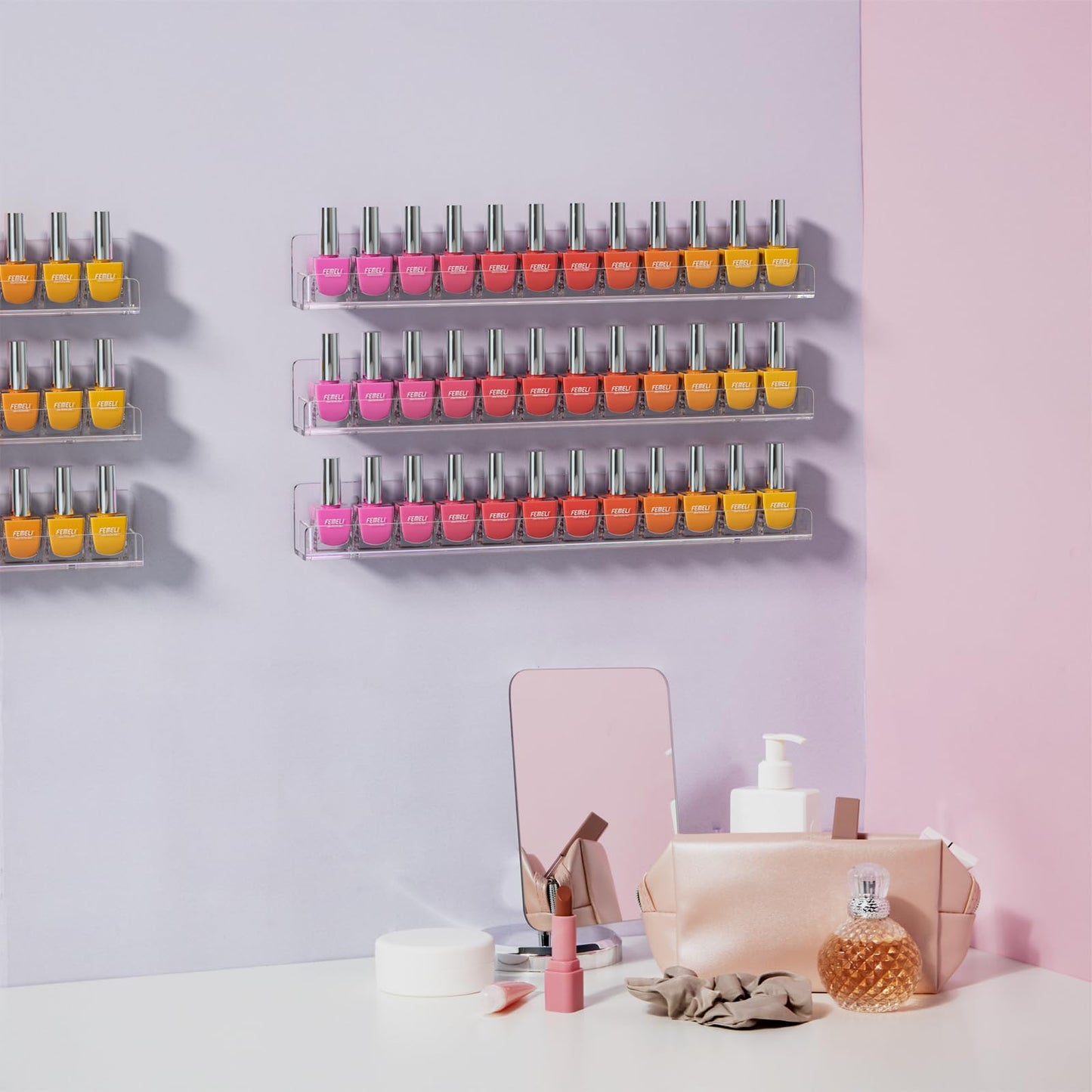 FEMELI Acrylic Clear Nail Polish Wall Rack: 12pcs Organizer Holder Display Shelves - 15 Inch