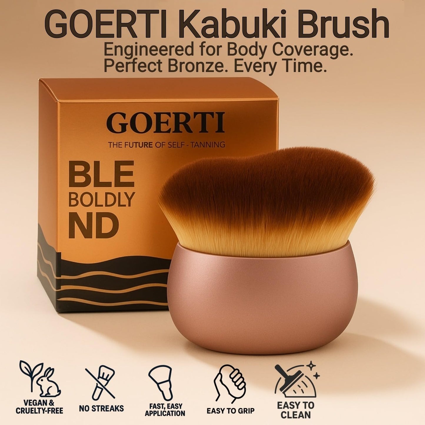 GOERTI Self Tanner Brush – Extra Large Kabuki Applicator for Self Tanning, Sunless Tanning & Body Foundation | Streak-Free Arc Design for Flawless Full Coverage on Legs, Arms, Back, Chest, Face & Feet