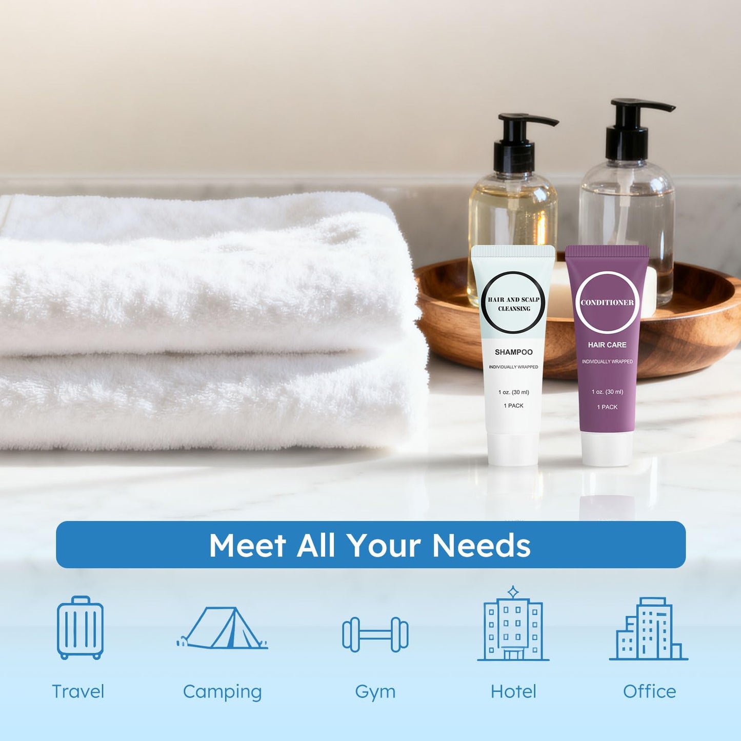 Travel Size Shampoo and Conditioner Bulk, Individually Wrapped Hotel Mini Hair Conditioner and Small Shampoos Men Women Cleansing Toiletries Amenities for Hotel Homeless 1 Fl Oz (Pack of 100)