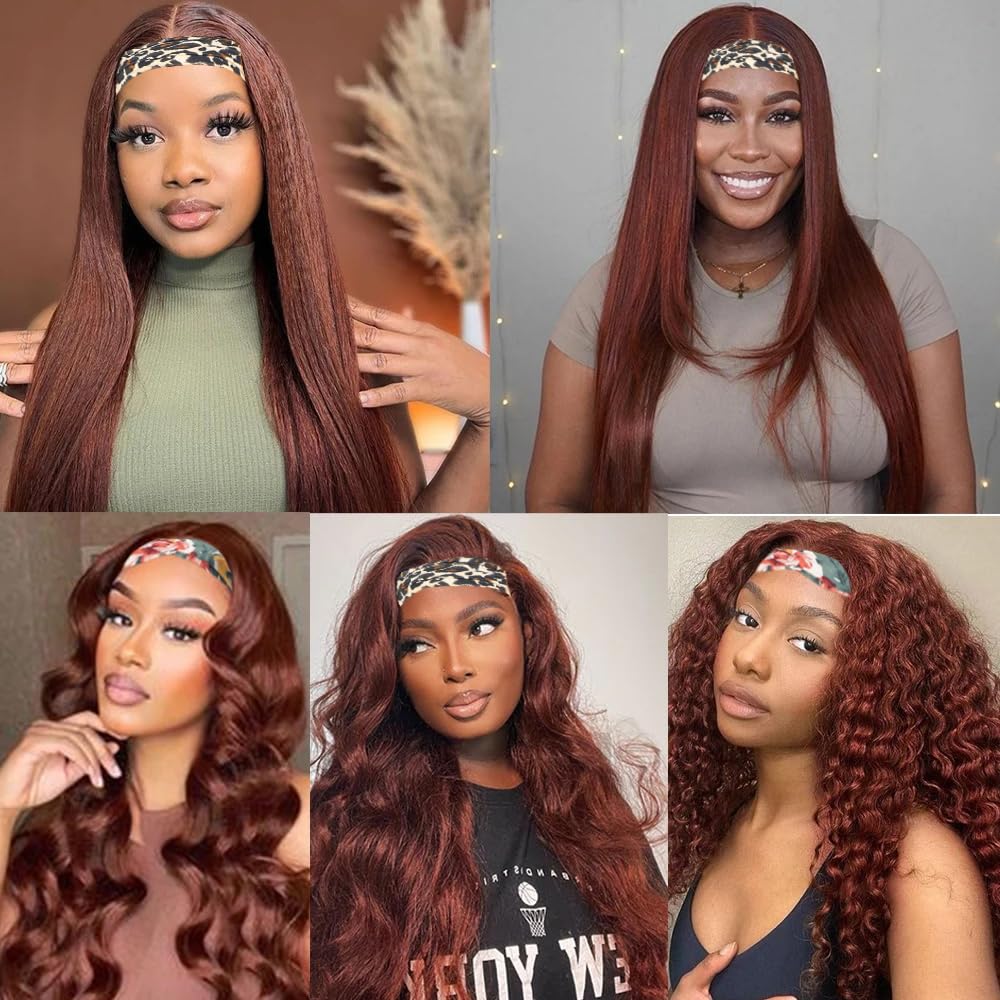 YiweYowe 32 Inch #33 Reddish Brown Headband Wig Human Hair 150% Density Grade 8A Unprocessed Brazilian Virgin Hairs Machine Made Auburn Brown Water Wave Headband Wig Human Hair None Lace Front Wig
