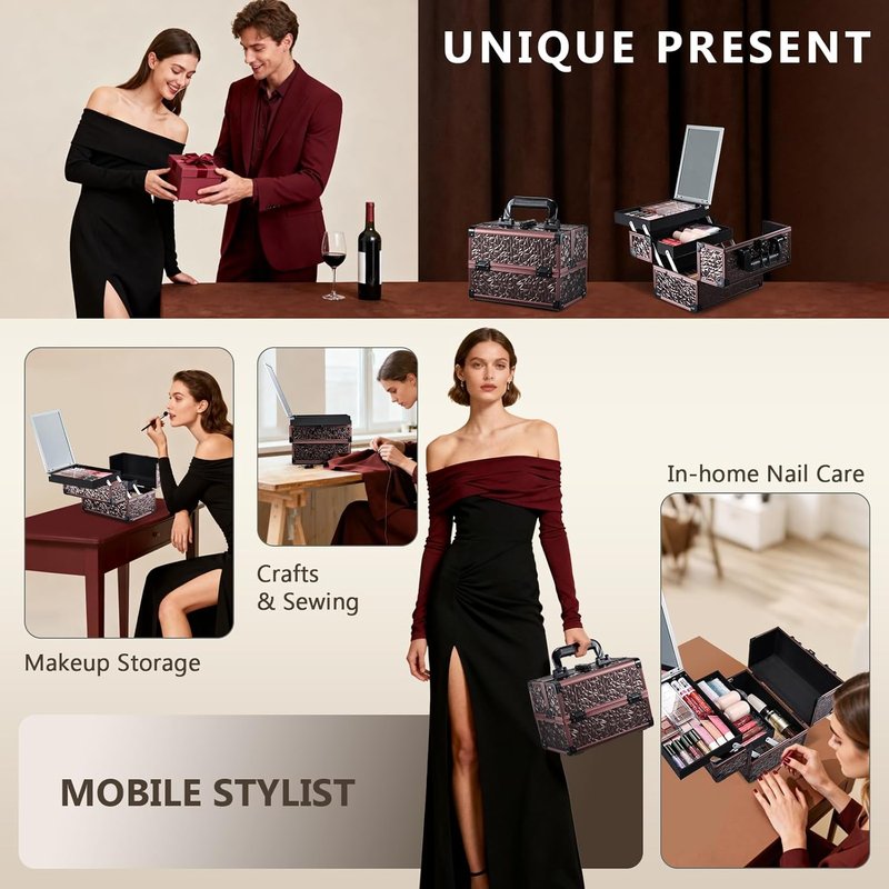 Makeup Train Case Organizer - Portable Cosmetic Storage Box with Mirror & Locking - Dark Brown, 2 Trays for Professionals