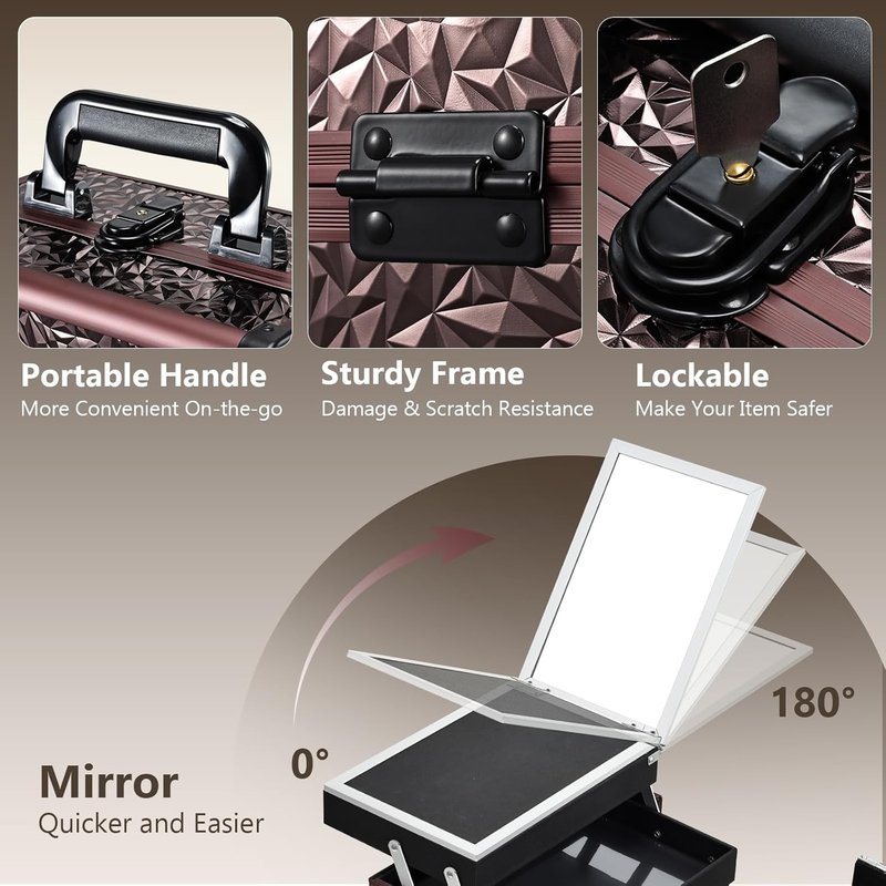 Makeup Train Case Organizer - Portable Cosmetic Storage Box with Mirror & Locking - Dark Brown, 2 Trays for Professionals