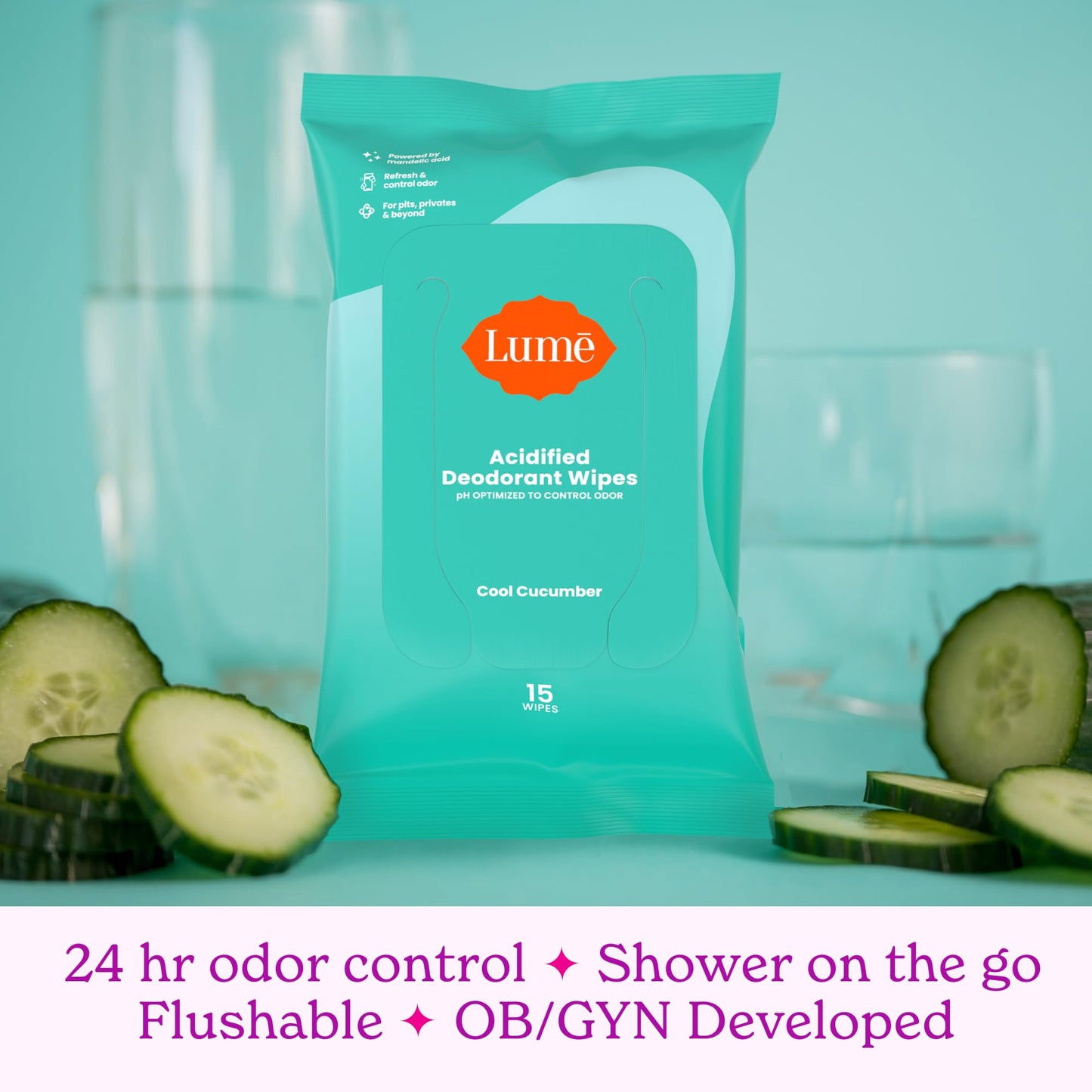 Lume Whole Body Deodorant - 2-Pack Smooth Solid Stick (Unscented) and Acidified Deodorant Wipes (Cool Cucumber) - Aluminum Free, Baking Soda Free and Skin Safe